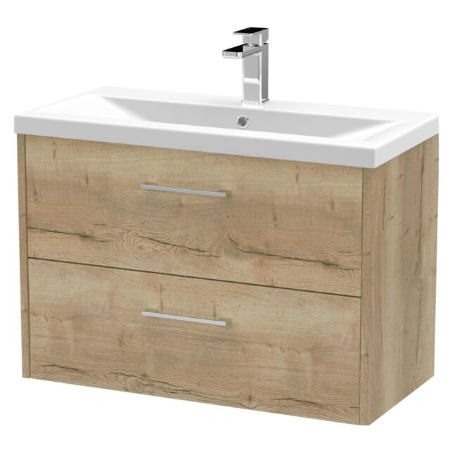 Balterley Winshill Contemporary 2 Drawer Wall Hung Vanity Unit with Mid-Edge Basin, Light Oak, 800mm