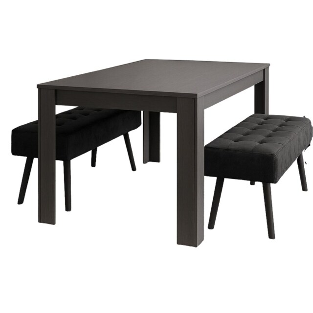 Dark Grey Wooden Dining Set with Velvet 2 Benches, Stylish Arrow Design