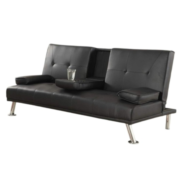 Faux Leather Clic Clac Luxury Sofa Bed with Drink Cup Holder In Black