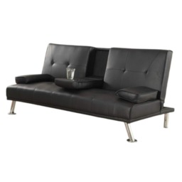 Faux Leather Clic Clac Luxury Sofa Bed with Drink Cup Holder In Black