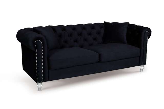 Velvet Black 3 Seater Chesterfield Sofa With Acrylic Feet CAMDEN