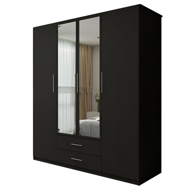 Modern Space-Saving 4-Door Hinged Wardrobe with Central Mirrored Doors - 8 Shelves & 2 Drawers, 171cm Wide