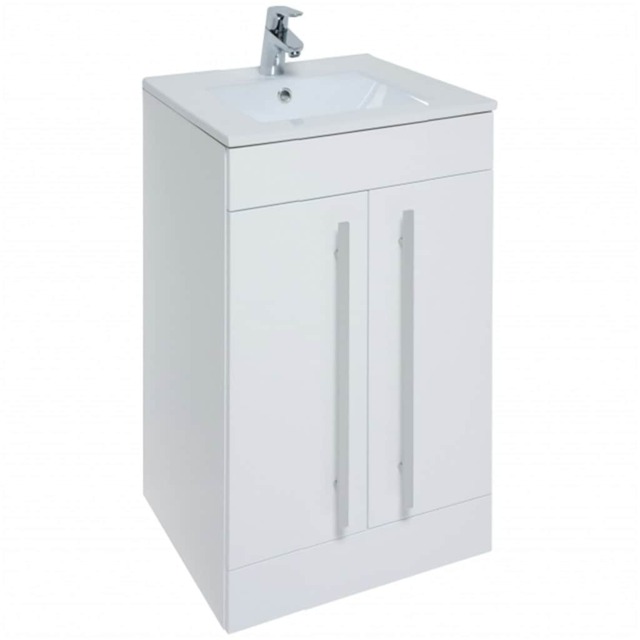 2-Door Floor Bathroom Standing Vanity Unit with Mid Depth Ceramic Basin 500mm Wide - White - Brassware Not Included White White 1