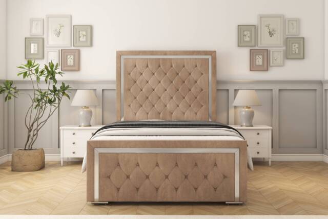 "Sloomy Sofia Chrome Mink Naples Bed Frame With 50"" Upholstered Headboard 6' Super King"