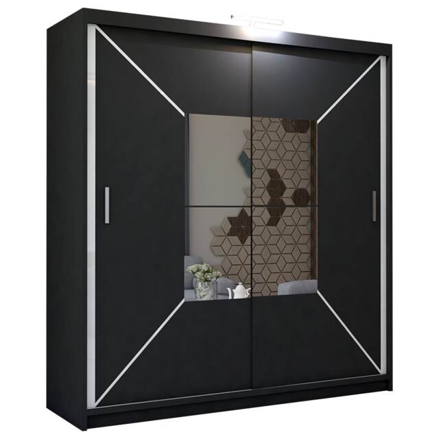 Sliding Wardrobes 4U Modern Geometric Mirror Sliding Wardrobe – 120cm to 203cm, Stylish Bedroom Storage in White, Black & Grey Black Black 180cm