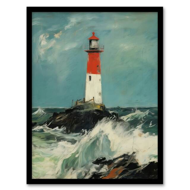 Lighthouse Stormy Seascape Sea Ocean Harbour Black Framed Wall Art Print A4