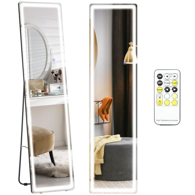 HOMCOM Full-Length Mirror, 160 40 cm, Wall Mounted, Freestanding Floor Mirror with LED Lights and Remote Control, Dimming 3 Colour Modes, for Bedroom, Black