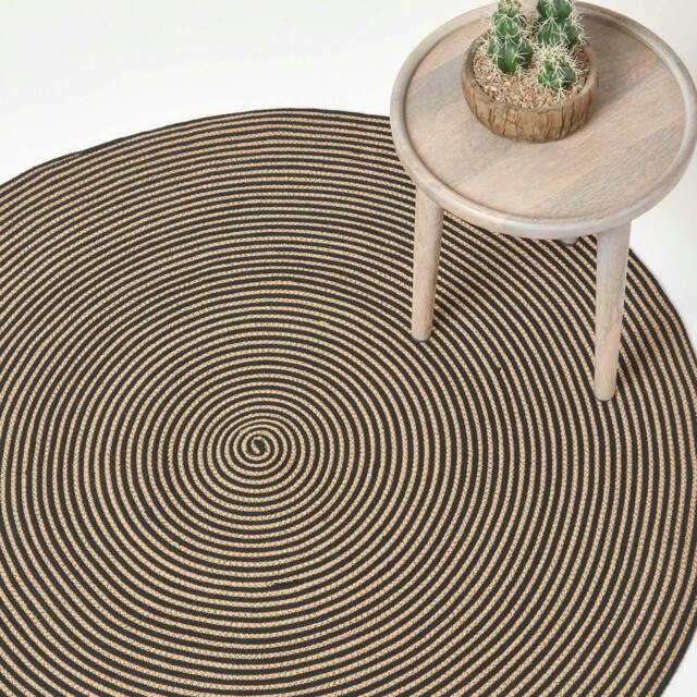 Homescapes Linen and Black Handmade Woven Spiral Braided Rug - 120 cm Round Cream Linen and black 120 cm Round