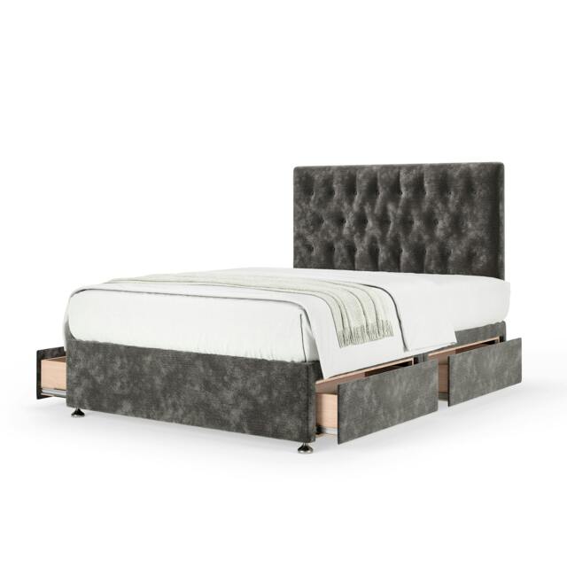 Memory Maestro Memory Foam Charcoal Chenille 4 Drawer Divan Set And Lona Headboard Small Double
