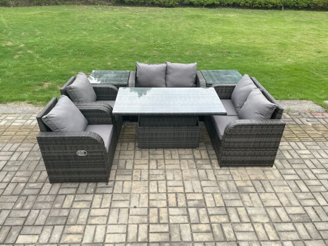 Fimous Outdoor Rattan Garden Furniture Set Patio Height Adjustable Rising lifting Dining Table Love Sofa With 2 Side Tables