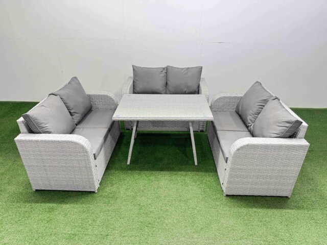 Fimous Rattan Garden Furniture Dining Set 6-seater Patio Rectangular Table Love Sofa Set