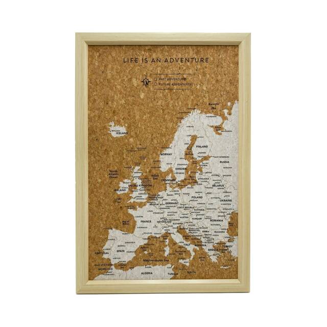 Splosh Travel Map Cork Board Europe Inverted Small Light Wood