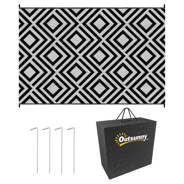 Outsunny Reversible Waterproof Outdoor Rug W Carry Bag, 182 x 274 cm Multi Black and White 182L x 274W x 0.3Hcm