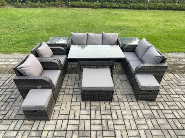 Fimous 10 Seater Garden Rattan Furniture Dining Table Sofa Set Indoor Outdoor with 2 Reclining Chairs 2 Side Tables 3 Footstools Dark Grey Mixed