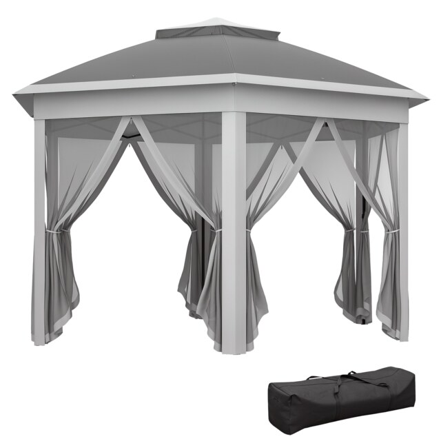 Outsunny 3 x 4m Garden Gazebo Hexagon Pop Up Gazebo Party Tent Canopy Double Roof Instant Shelter with Netting and Carry Bag for Outdoor Patio, Dark Grey