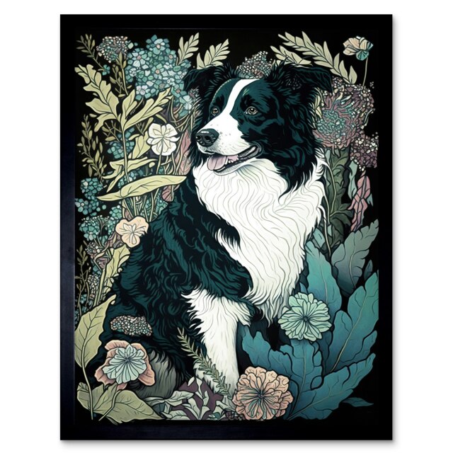 "Border Collie Dog in Wildflower Field Modern 12x16"" Framed Wall Art Print"
