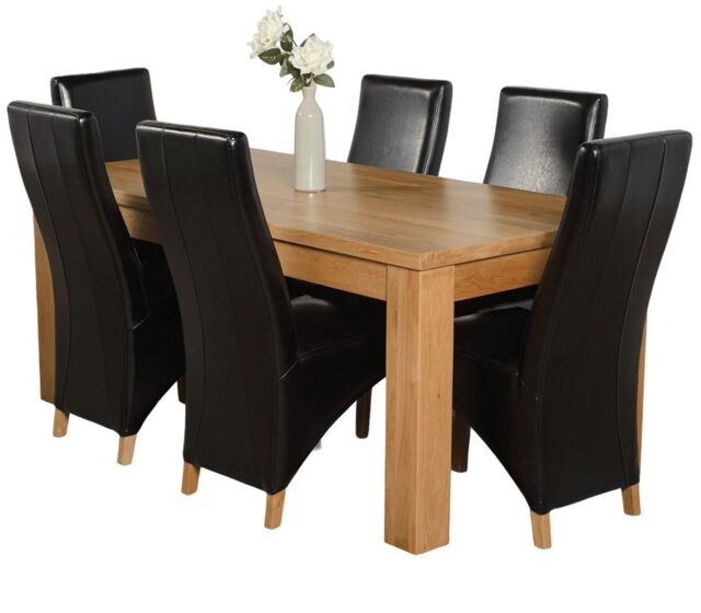 Dakota 182 x 92cm Oak Large Dining Table and 6 Lola Leather Chairs Black Black