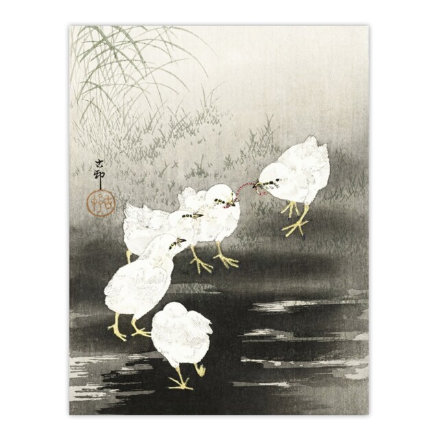 "Chicks Birds Worms Vintage Japan Wall Art Print Ohara Koson 24x32"""