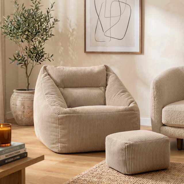 Natalia Large Beanbag and Pouffe Set Corduroy Natural Beige Cream Natural XL 2