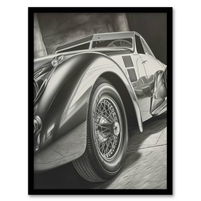 Hyper Realism Pencil Drawing Sports Car Black Framed Wall Art Print A4