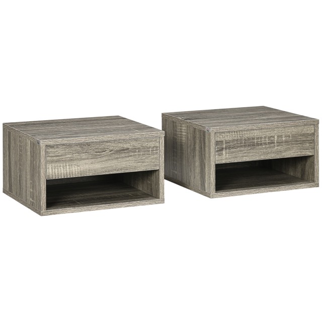 HOMCOM Floating Nightstands Set of 2, Bedside Table w/ Drawer and Open Shelf Brown