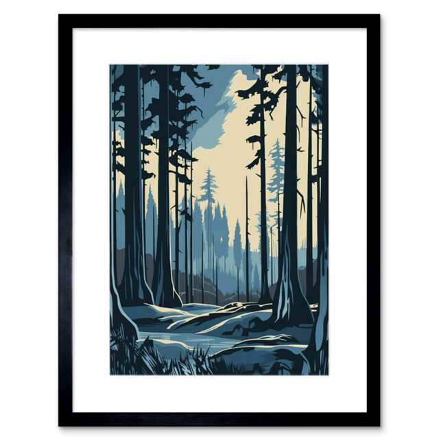 "Taiga Boreal Forest Winter Landscape 9x7"" Black Framed Wall Art Print"