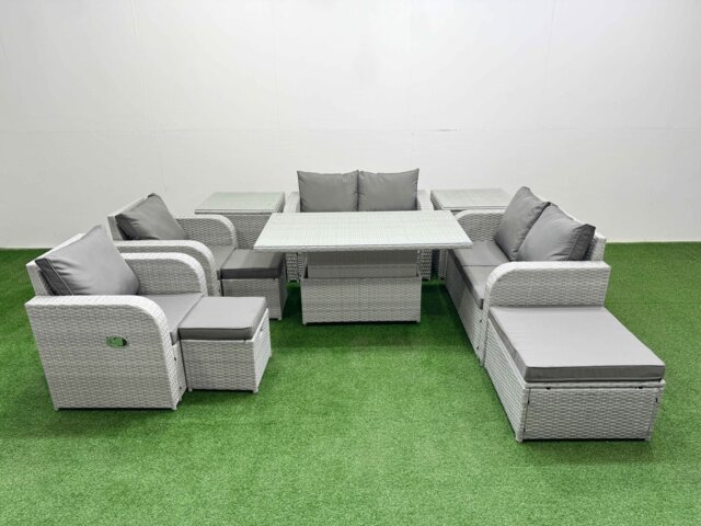 Fimous 9 Seater Outdoor Reclining Chair Love Sofa Set Rattan Garden Furniture Set with Adjustable Lifting Dining or Coffee Table 3 Stools 2 Side Table Light Grey