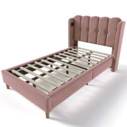 Abrihome Upholstered Single Bed with USB and Type-C Charging, 3FT Bed Frame with Wooden Slatted Frame, 90 x 190 cm, Pink, Velvet (No Mattress)