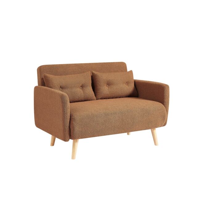 Roxy 2-Seater Plush Borg Fabric Clic-Clack Sofa Bed with Wooden Legs - Rust Brown Brown Rust Brown Two Seater 1