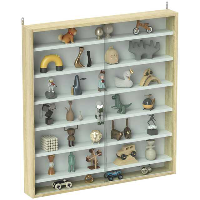 HOMCOM Wall Display Cabinet w/ Shelves Glass Doors Yellow