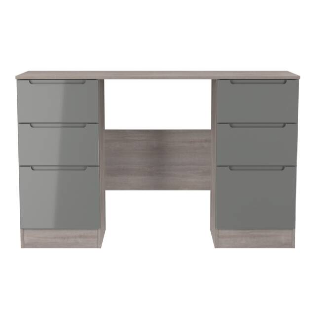 Lucca 6 Drawer Kneehole Desk in Grey Gloss & Grey Oak (Ready Assembled) Grey Grey Gloss & Grey Oak