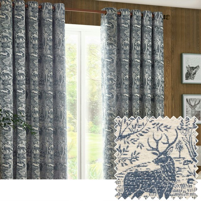 furn. Winter Woods Animal Chenille Midnight Eyelet Curtains (W)229cm x (D)183cm Multi