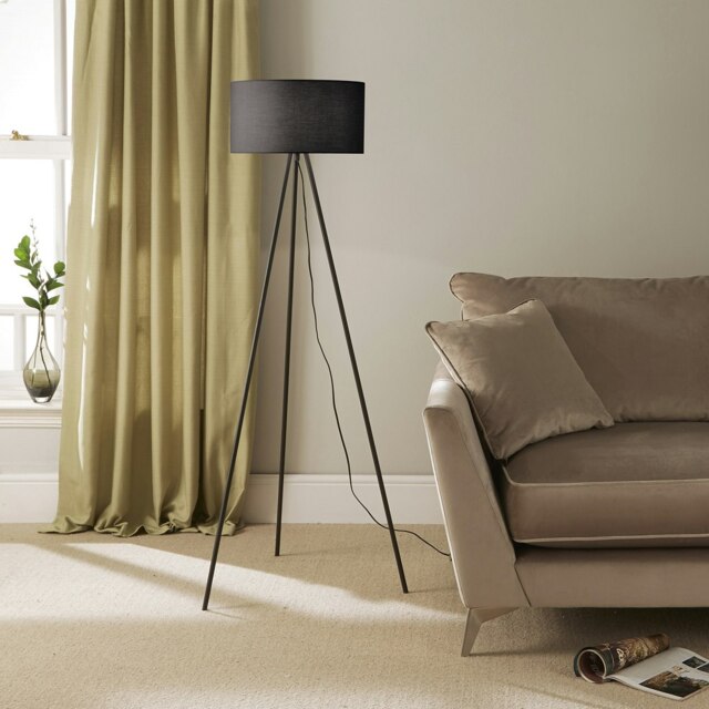 Modern Black Metal Tripod Floor Lamp with Cotton Fabric Lampshade in Black Black
