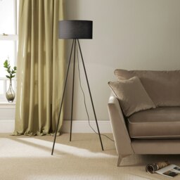 Modern Black Metal Tripod Floor Lamp with Cotton Fabric Lampshade in Black Black