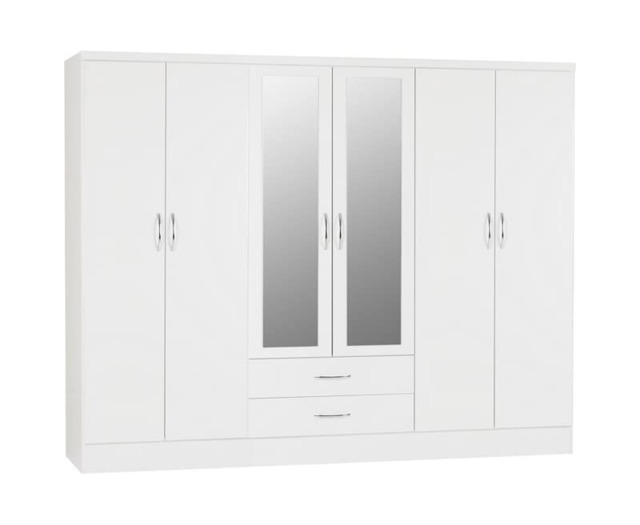 Nevada 6 Door 2 Drawer Mirrored Wardrobe - L52 x W230 x H182.5 cm - White Gloss White
