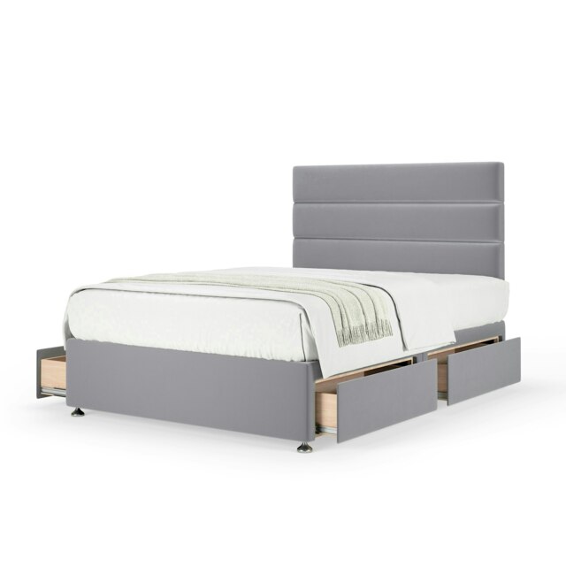 Majestic 1000 Pocket Sprung Silver Plush Velvet 4 Drawer Divan Set And Milan Headboard King Size
