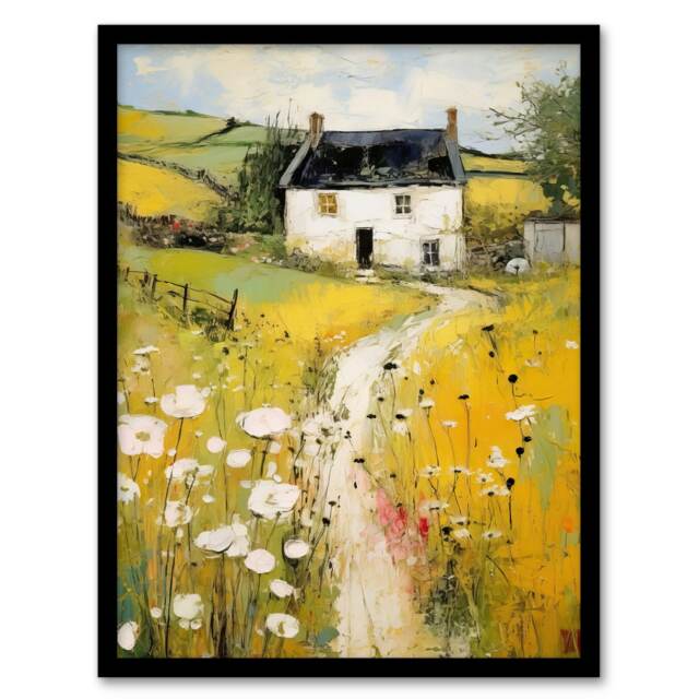 Countryside Cottage Scenic Landscape Home Decor Black Framed Wall Art Print A4