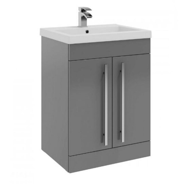 Bathroom 2-Door Floor Standing Vanity Unit with Mid Depth Ceramic Basin 600mm Wide - Storm Grey Gloss - Brassware Not Included Grey Grey 1