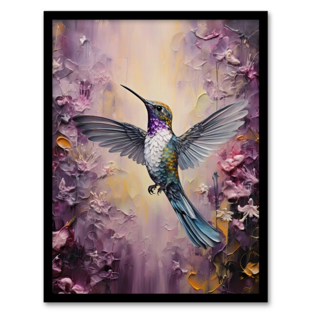 Hummingbird An Abstract Lavender Flower Black Framed Wall Art Print A4