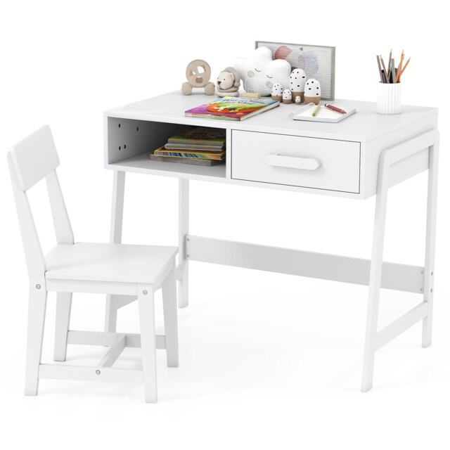 COSTWAY Kids Desk and Chair Set with Drawer White