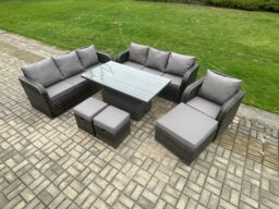 Fimous Outdoor Rattan Garden Furniture Sets Height Adjustable Rising lifting Dining Table Sofa Set with Reclining Chair 3 Footstools Dark Grey Mixed