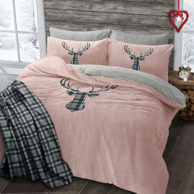 Velosso Stag Head Teddy Fluffy and Warm Fleece Duvet Cover Set Pink Blush Single