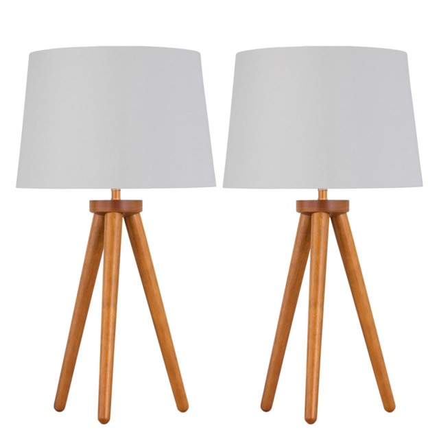 Set of 2 Dark Oak Table Lamp or Bedside Lights with White Silver Shade Brown White Large 2