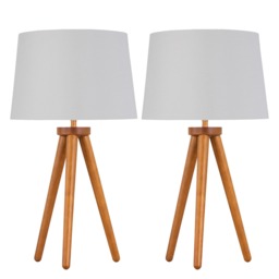 Set of 2 Dark Oak Table Lamp or Bedside Lights with White Silver Shade Brown White Large 2
