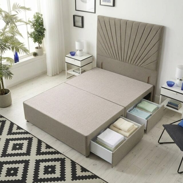 Sunburst Divan Bed with 2 Drawers & 54'' Floor Standing Headboard Tweed Fabric Brown Coffee