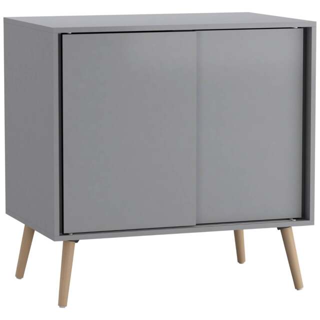 URBNLIVING 2 Sliding Door Cabinet With Wooden Legs Storage Unit Multi Grey Carcass & Beech Legs H80 x W80 x D51.5 cm 1