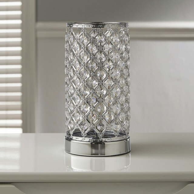 Mikey Silver Chrome Cylinder Touch Table Lamp with Clear Acrylic Beads Silver