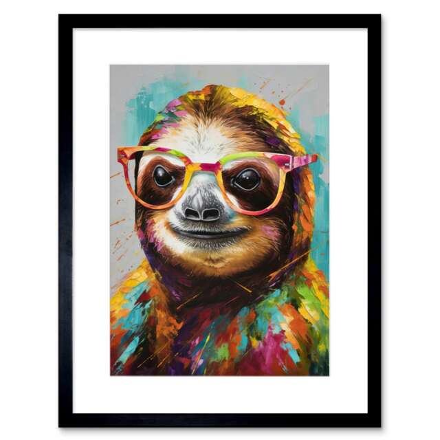 "Colourful Sloth Glasses Modern Folk Art 9x7"" Black Framed Wall Art Print"