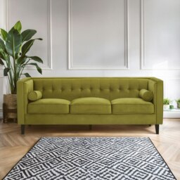 Orsina Refined 3 Seat Olive Velvet Sofa, Velvet Upholstered Mid Century Sofa, Contemporary Sofa For Livingroom