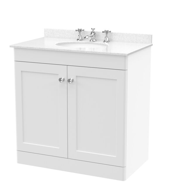 Balterley Swynnerton Traditional 2 Door Floor Standing Vanity Unit with Marble Basin, Satin White, 800mm